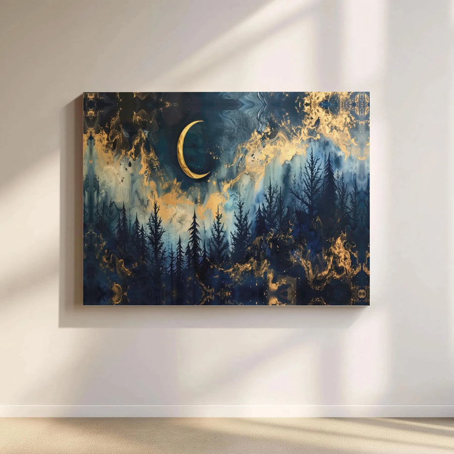 Celestial Forest Canvas Wall Art | Abstract Pine Trees with Gold Crescent Moon | Gallery Wrapped Premium Canvas | Modern Living Room Decor Gift