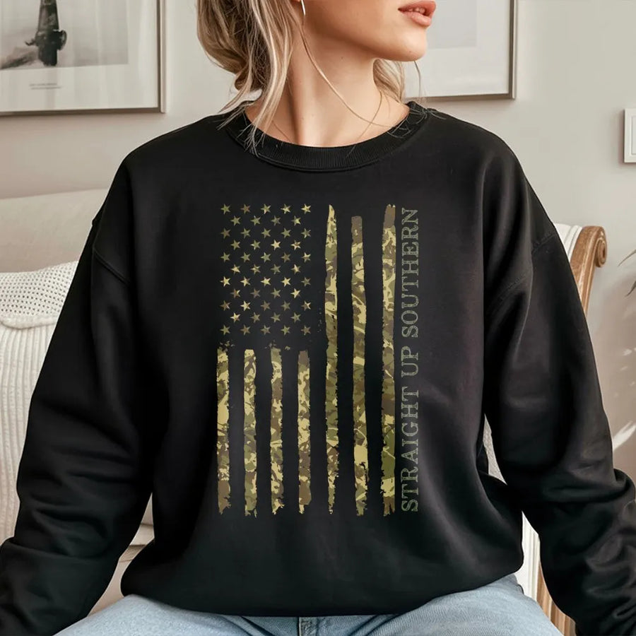 Straight Up Southern Sweatshirt | Camo American Flag Graphic | Unisex Premium Cotton Blend | Patriotic Gift For Outdoorsmen And Hunters