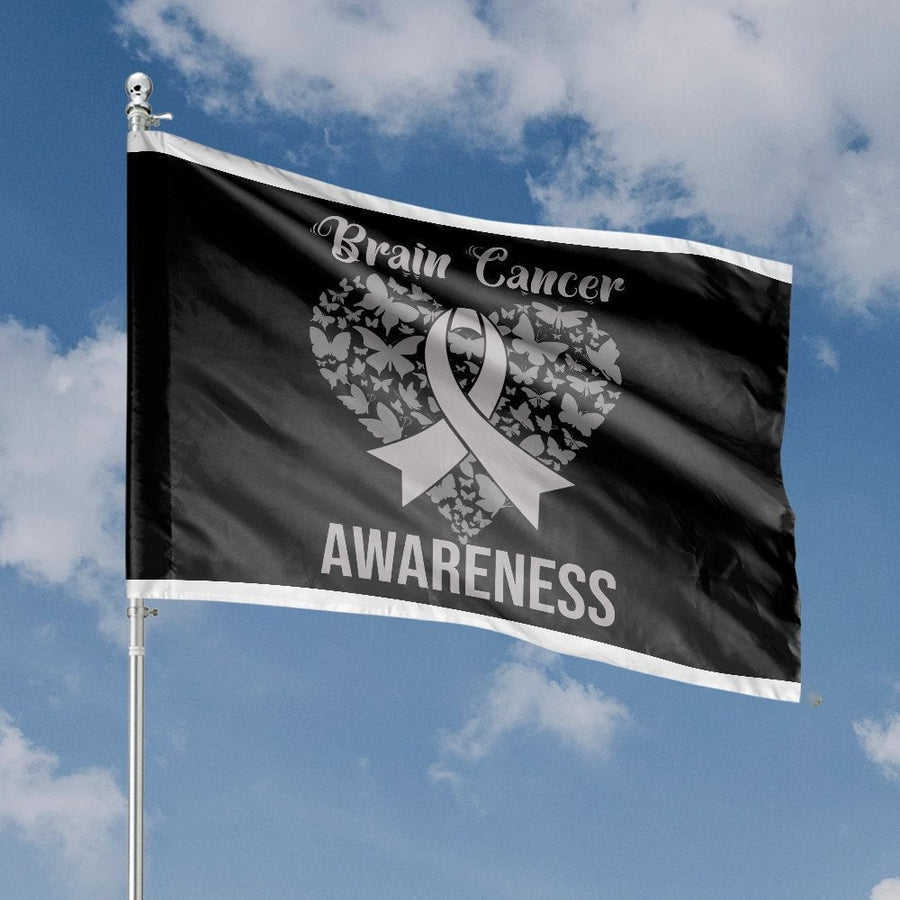 Brain Cancer Awareness Flag | Grey Ribbon Butterfly Heart Design | Premium Polyester Garden Decor | Gift for Cancer Fighters