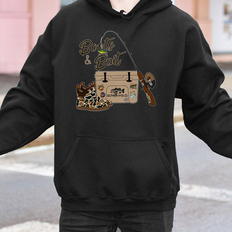 Boots & Bait Fishing Hoodie | Country Western Graphic Pullover | Premium Cotton Blend | Gift For Anglers and Outdoorsmen