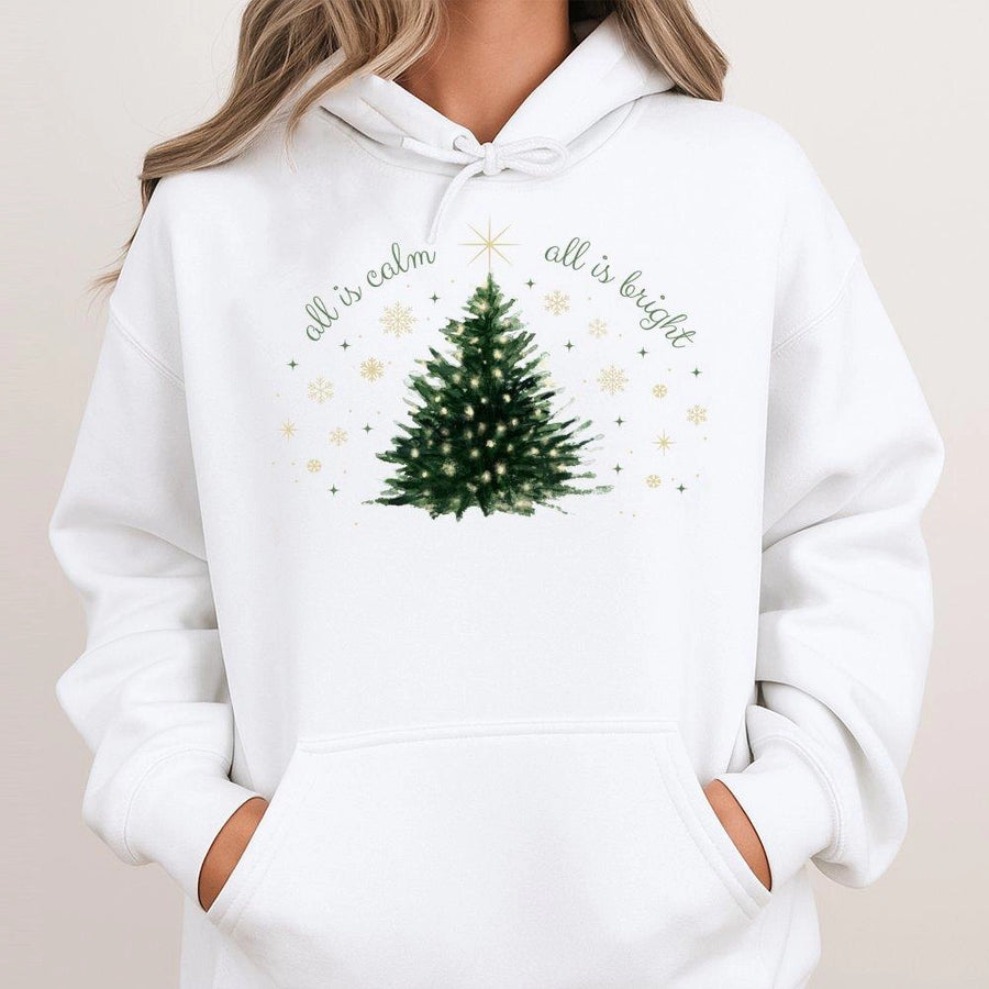 All Is Calm All Is Bright Hoodie | Minimalist Christmas Tree Graphic | Cotton-Polyester Blend | Festive Holiday Gift for Women and Men
