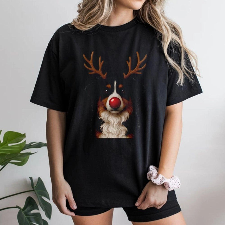 Bernese Mountain Dog Christmas T-Shirt | Reindeer Antlers Graphic | Premium 100% Cotton | Cute Xmas Gift For Dog Lovers