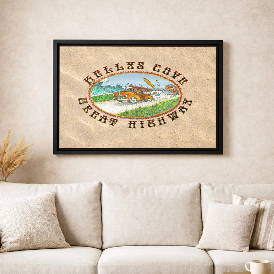 Kelly's Cove Great Highway Surf Canvas Art | Retro Woody Car Illustration | Gallery-Quality 1.25" Profile | Coastal Home Decor Gift for Surfers