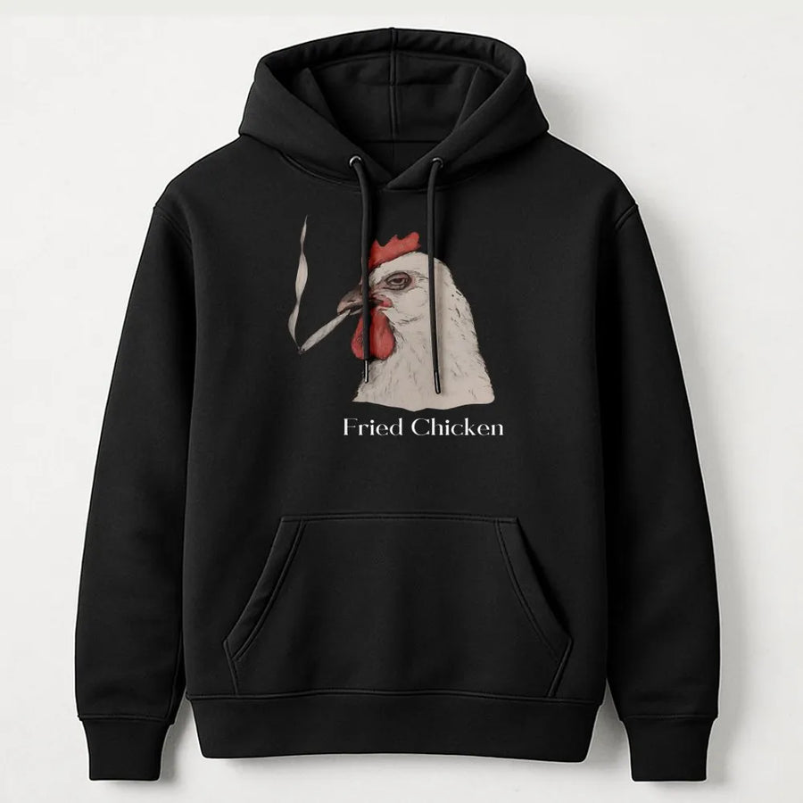 Fried Chicken Hoodie | Funny Smoking Rooster Graphic | Premium Cotton Blend Unisex Sweatshirt | Retro Weed 420 Gift For Him Or Her