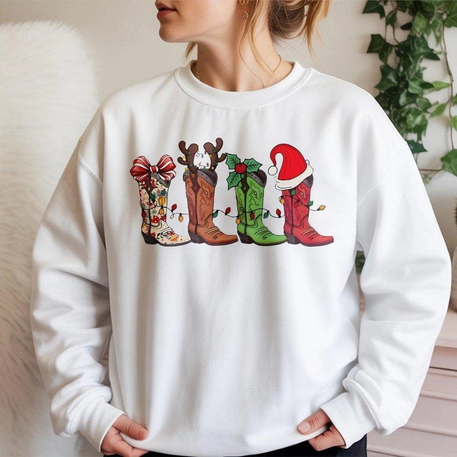 Cowboy Boot Christmas Sweatshirt | Festive Western Holiday Graphic | Premium Cotton-Blend Comfort | Cute Cowgirl Country Winter Gift Idea
