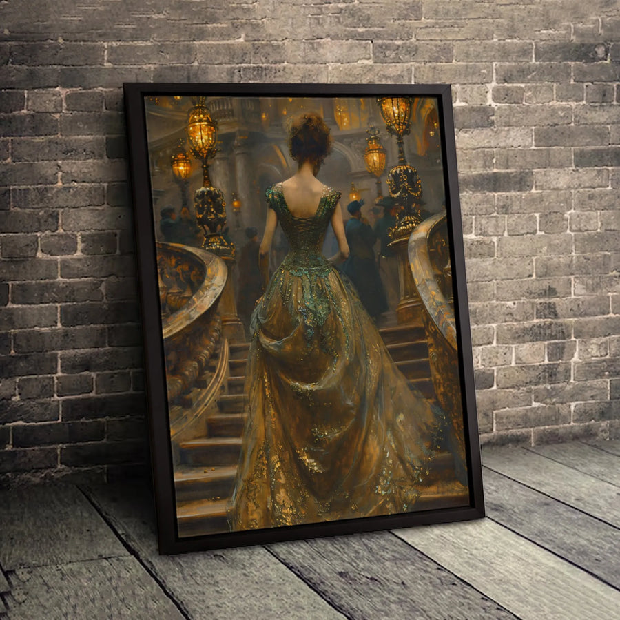 Victorian Woman Wall Art | Elegant Green and Gold Ball Gown on Staircase | Premium Gallery Canvas | Luxury Home Decor Gift for Art Lovers