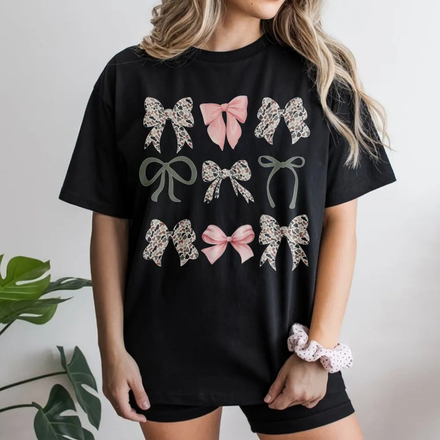 Camo Bow Graphic T-Shirt | Aesthetic Pink and Green Bow Print | Premium Soft Cotton Tee | Trendy Country Girl Gift for Women and Teens