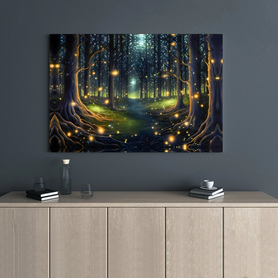 Enchanted Forest Canvas Wall Art | Magical Glowing Firefly Landscape | Premium Gallery-Wrapped Print | Whimsical Nature Decor For Home