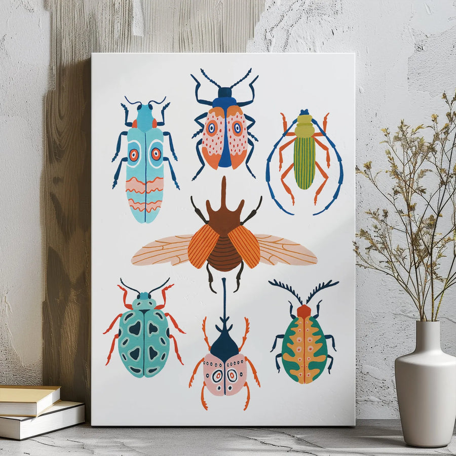 Colorful Beetle Insect Wall Art | Modern Botanical Illustration | Premium Gallery Wrapped Canvas | Nature Lover Home Decor Gift