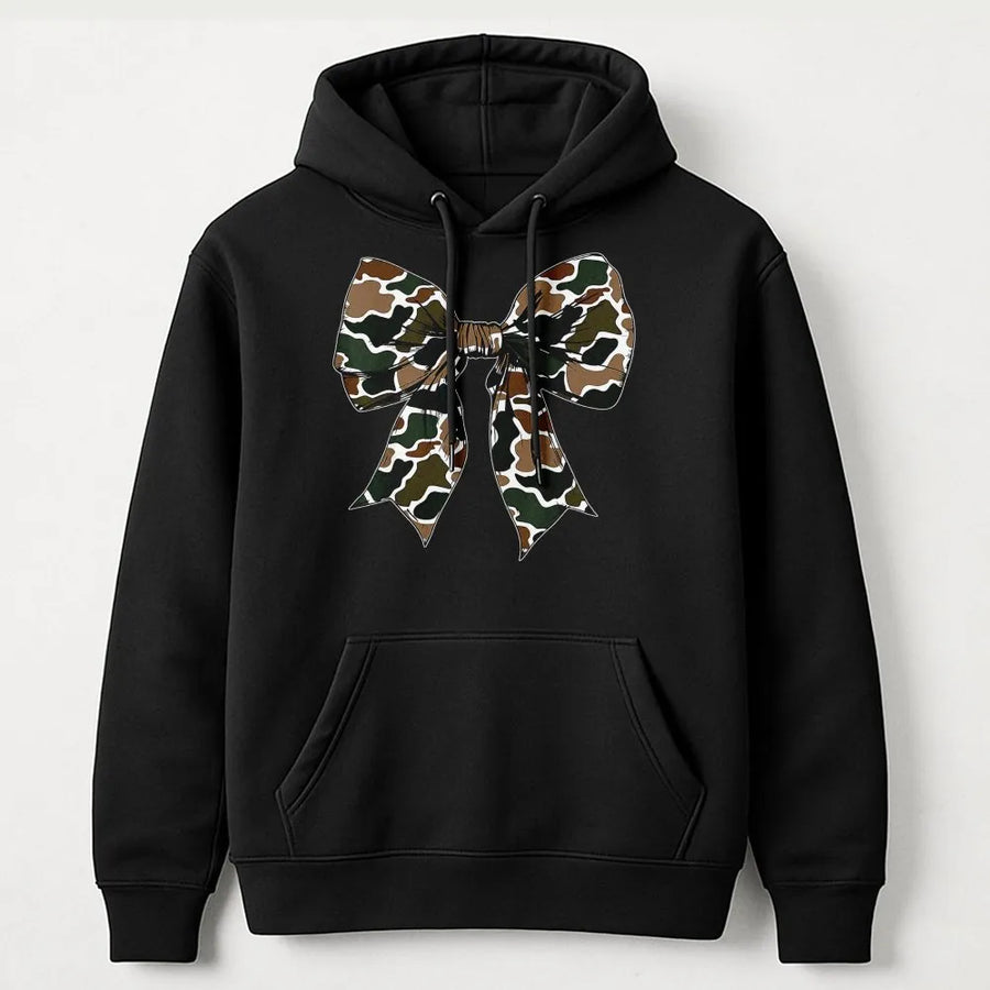 Camo Bow Hoodie | Coquette Aesthetic Graphic Sweatshirt | Premium Cotton Blend | Trendy Gift for Women and Teens