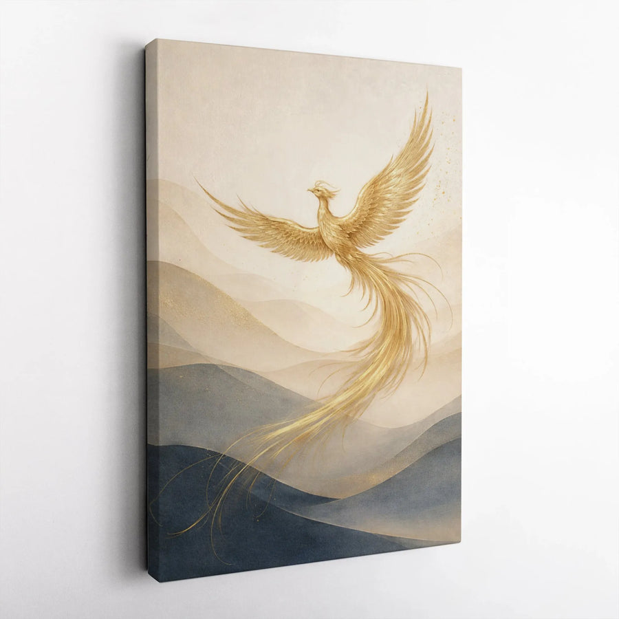 Golden Phoenix Canvas Print | Abstract Mythical Bird Wall Art | Premium Thick Gallery Wrap | Modern Living Room Decor Gift