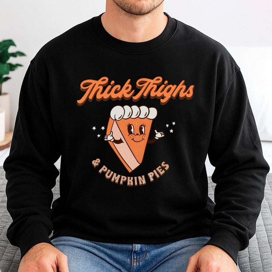 Thick Thighs & Pumpkin Pies Sweatshirt | Retro Thanksgiving Graphic Crewneck | Premium Cotton Blend | Funny Fall Holiday Gift for Women