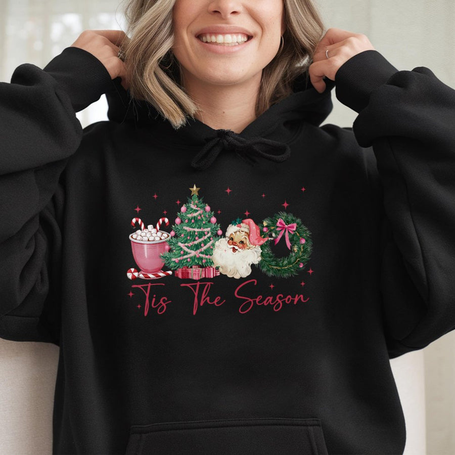 Tis The Season Christmas Hoodie | Retro Coquette Santa Graphic | Premium Cotton-Blend Pullover | Aesthetic Holiday Gift for Women