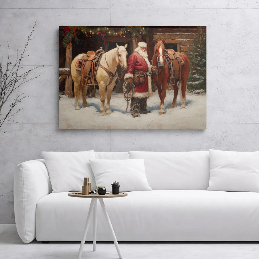 Cowboy Santa Claus Canvas Wall Art | Western Christmas Farmhouse Decor | Premium Gallery Wrap Print | Festive Holiday Gift for Horse Lovers