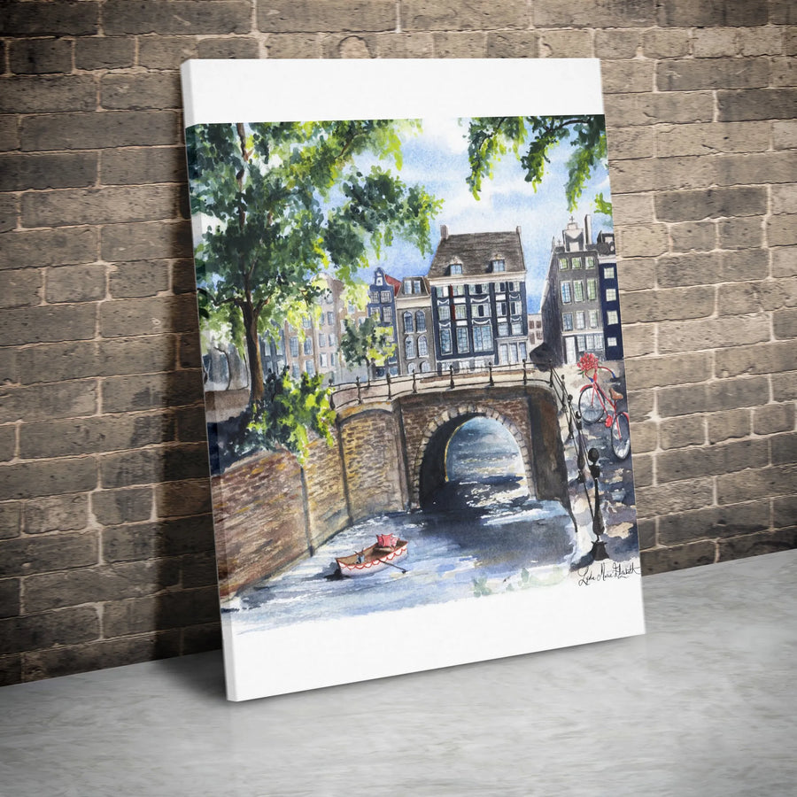 Amsterdam Watercolor Canvas Wall Art | Canal Bridge and Dutch Houses Painting | Premium Gallery Wrap Print | Netherlands Travel Souvenir Gift for Home Decor