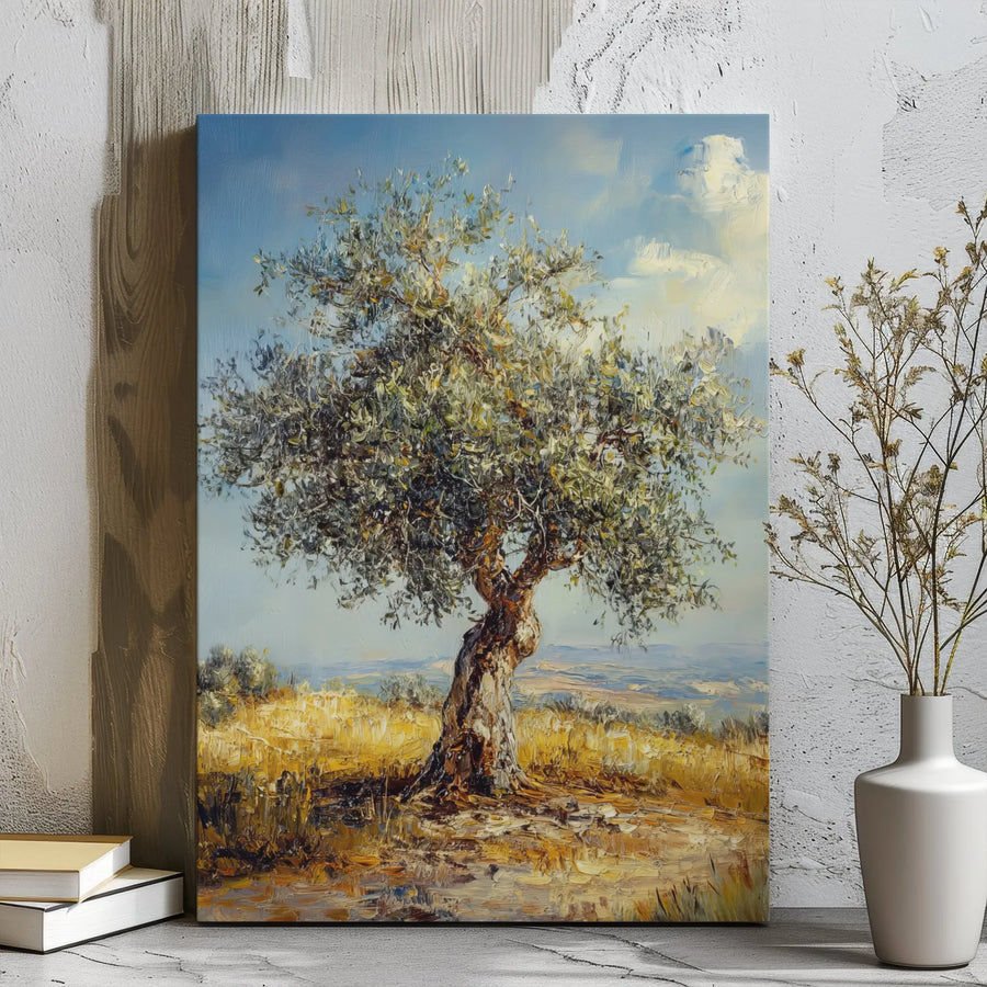 Olive Tree Oil Painting Wall Art | Textured Impasto Mediterranean Landscape | Premium Gallery Wrapped Canvas | Mediterranean Home Decor Gift