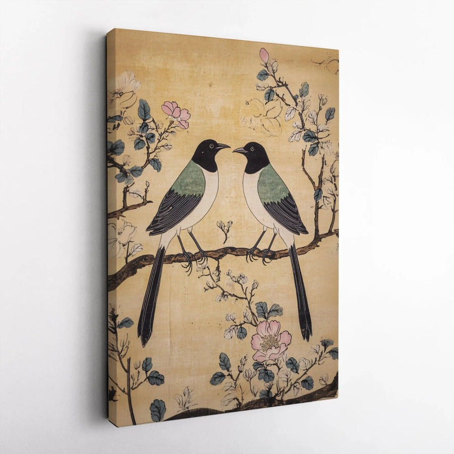 Japanese Art Canvas Print | Two Magpies On Flowering Branch | Gallery Wrapped Premium Decor | Chinoiserie Wall Art For Living Room Gift