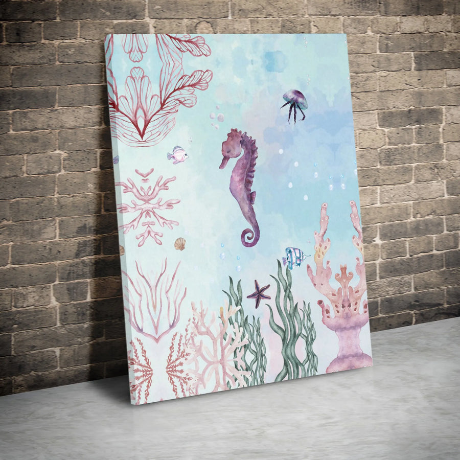 Watercolor Seahorse Canvas Print | Pastel Ocean Life Nursery Art | Premium Gallery Wrapped Canvas | Kids Room & Bathroom Decor Gift