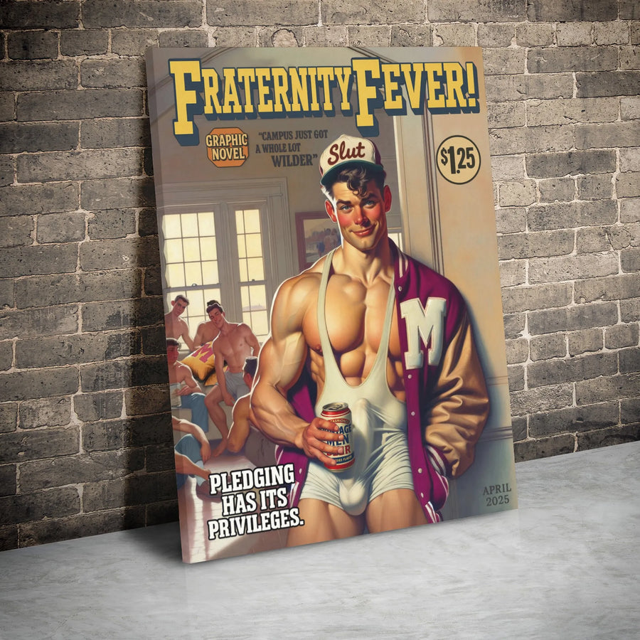 Fraternity Fever Wall Art | Vintage Gay Pulp Fiction Poster | Premium Canvas Print | Retro LGBTQ Masculine Decor for Bedroom or Apartment