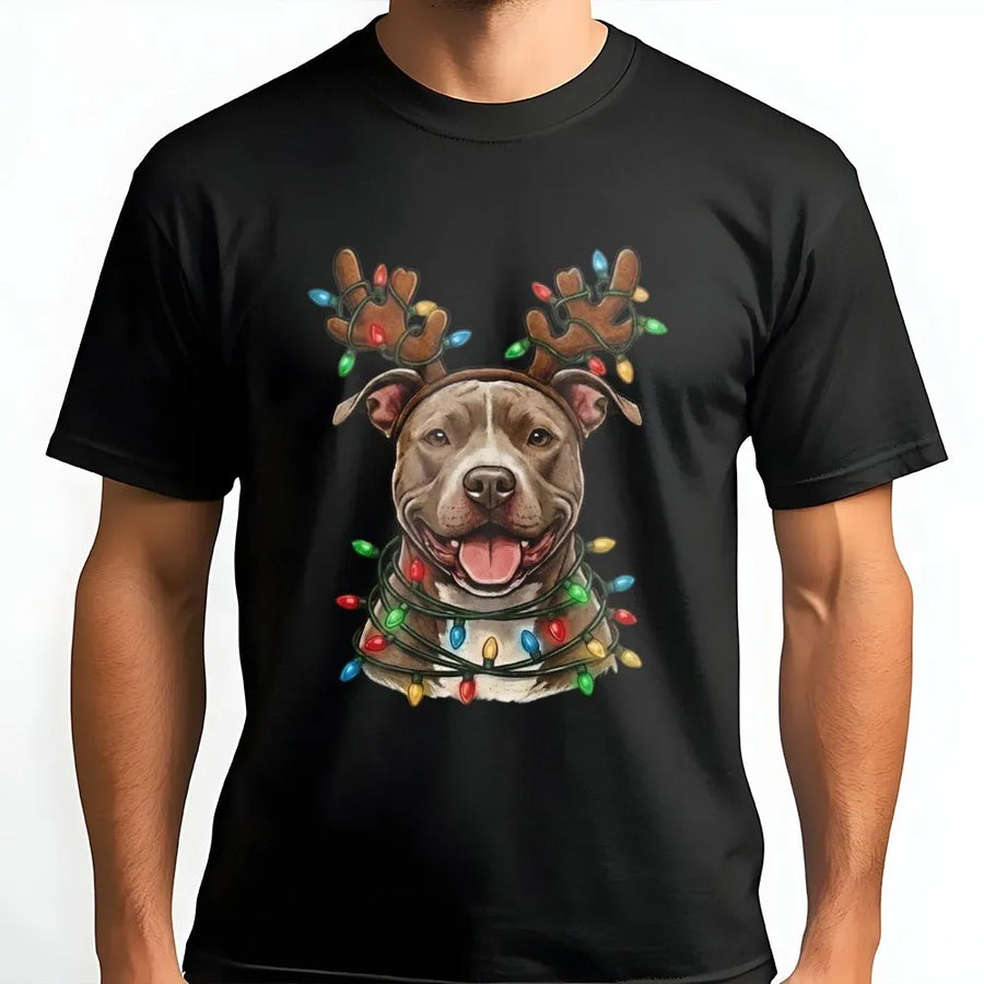 Pitbull Christmas T-Shirt | Reindeer Antlers & Holiday Lights Graphic | Premium Cotton Unisex Tee | Gift for Dog Mom & Dad Lovers