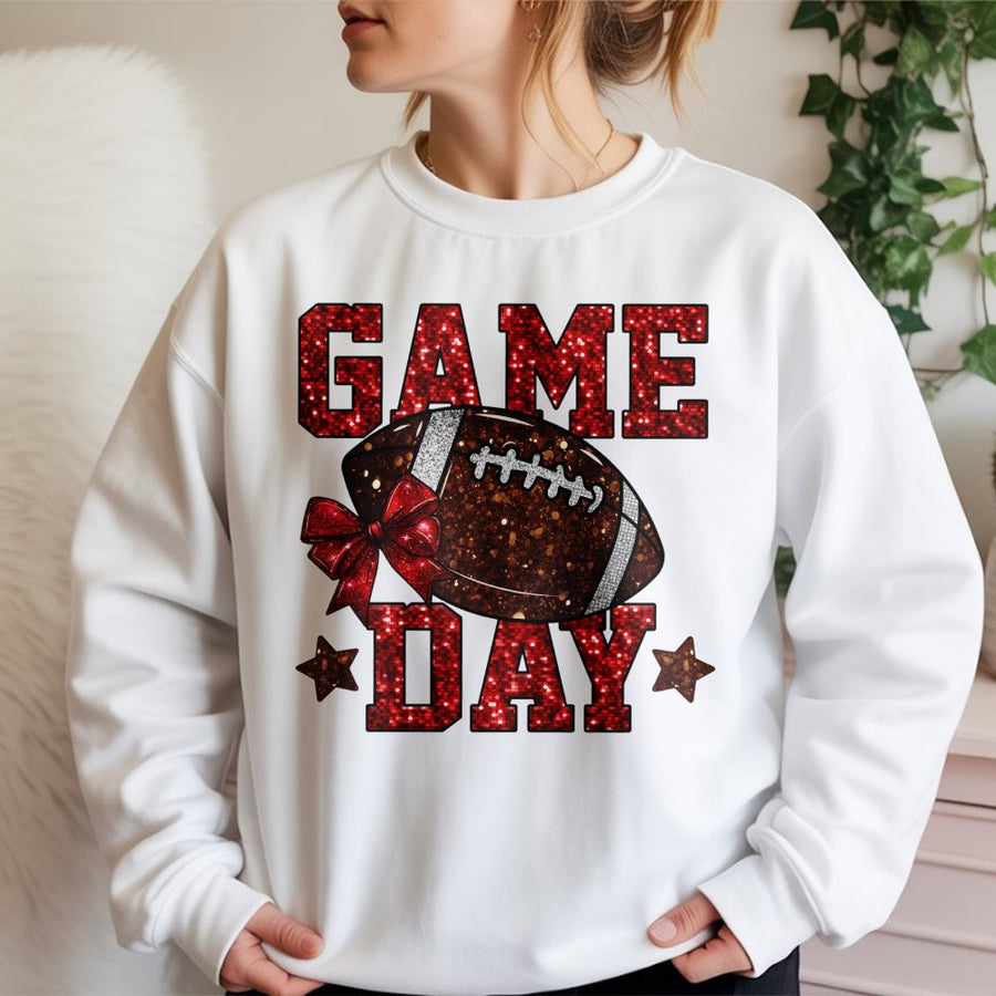 Game Day Football Sweatshirt | Red Glitter Bow Graphic | Premium Cotton Blend | Unisex Sports Apparel Gift for Fans