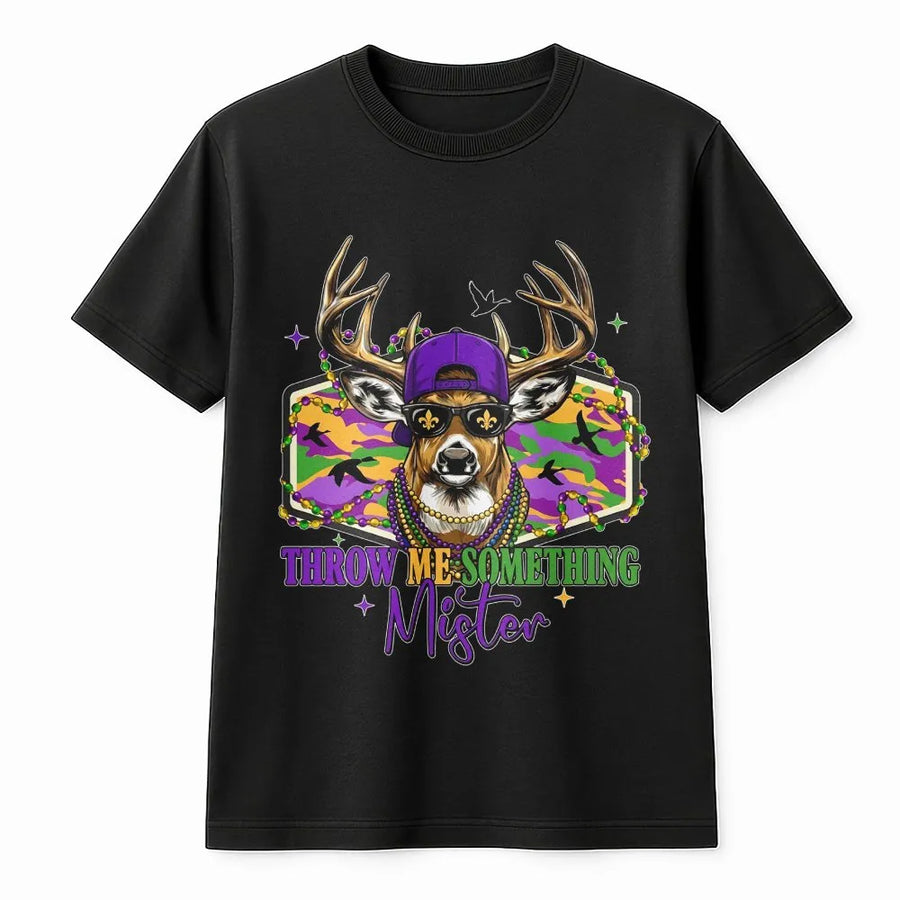 Mardi Gras Deer T-Shirt | Throw Me Something Mister Graphic Tee | Premium Cotton Hunting Humor Apparel | New Orleans Festival Gift for Him or Her