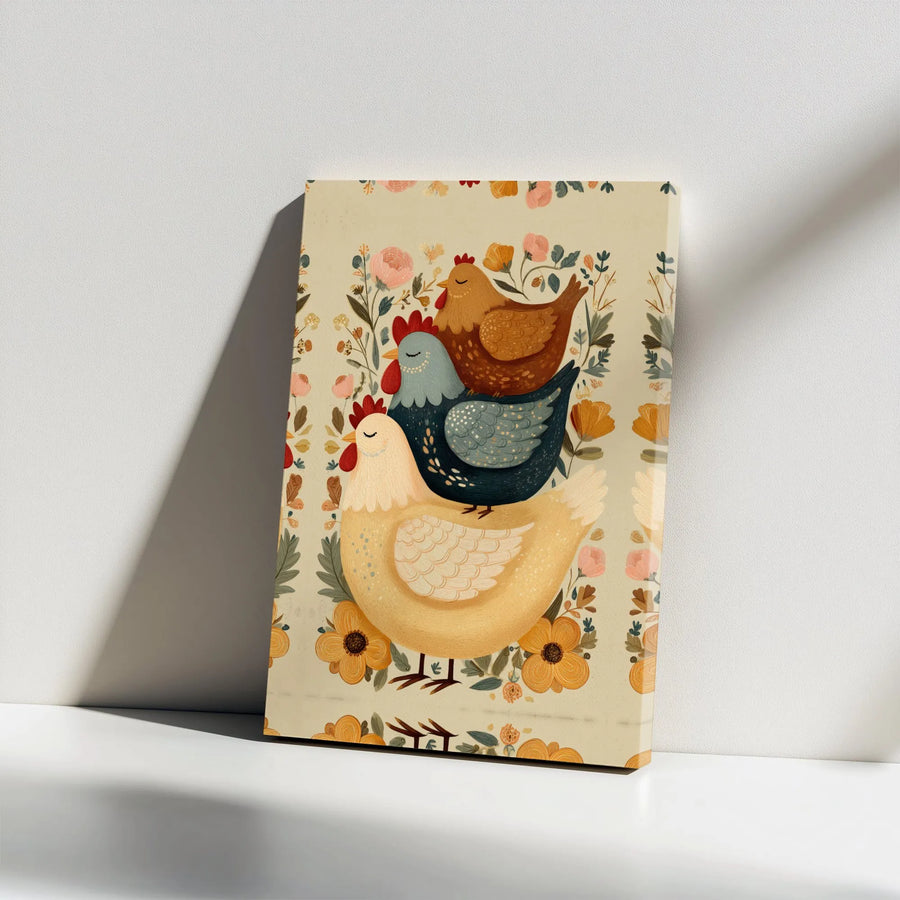 Stacked Chickens Canvas Wall Art | Floral Folk Art Illustration | Premium Gallery Wrap Print | Farmhouse Kitchen Home Decor Gift