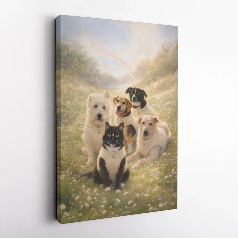 Pet Memorial Canvas Art | Dogs & Cat with Rainbow Bridge Scene | Premium Thick Gallery Wrap | Sympathy Gift for Pet Lover