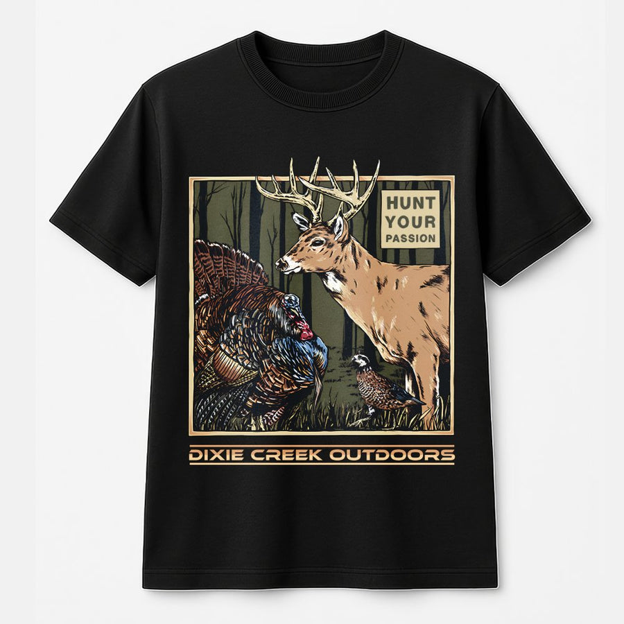 Hunting T-Shirt | Deer Turkey Quail Wildlife Graphic | 100% Cotton Premium Tee | Outdoorsman Gift For Hunters