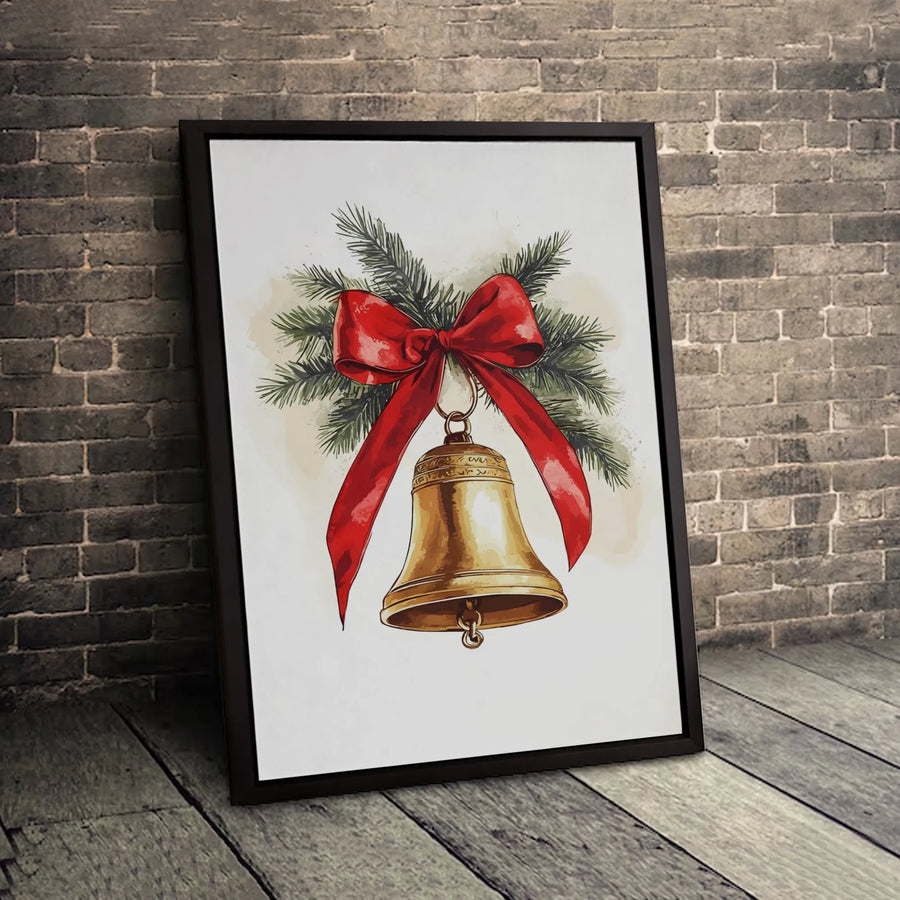 Christmas Bell Wall Art | Watercolor Holiday Decor with Red Bow and Pine | Premium 1.25-Inch Gallery Wrapped Canvas | Festive Seasonal Home Gift