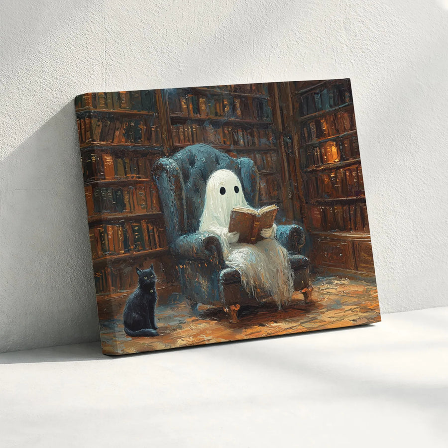 Ghost Reading Book Canvas Wall Art | Library Aesthetic with Black Cat | Premium Gallery Wrap Print | Spooky Academia Decor for Book Lovers