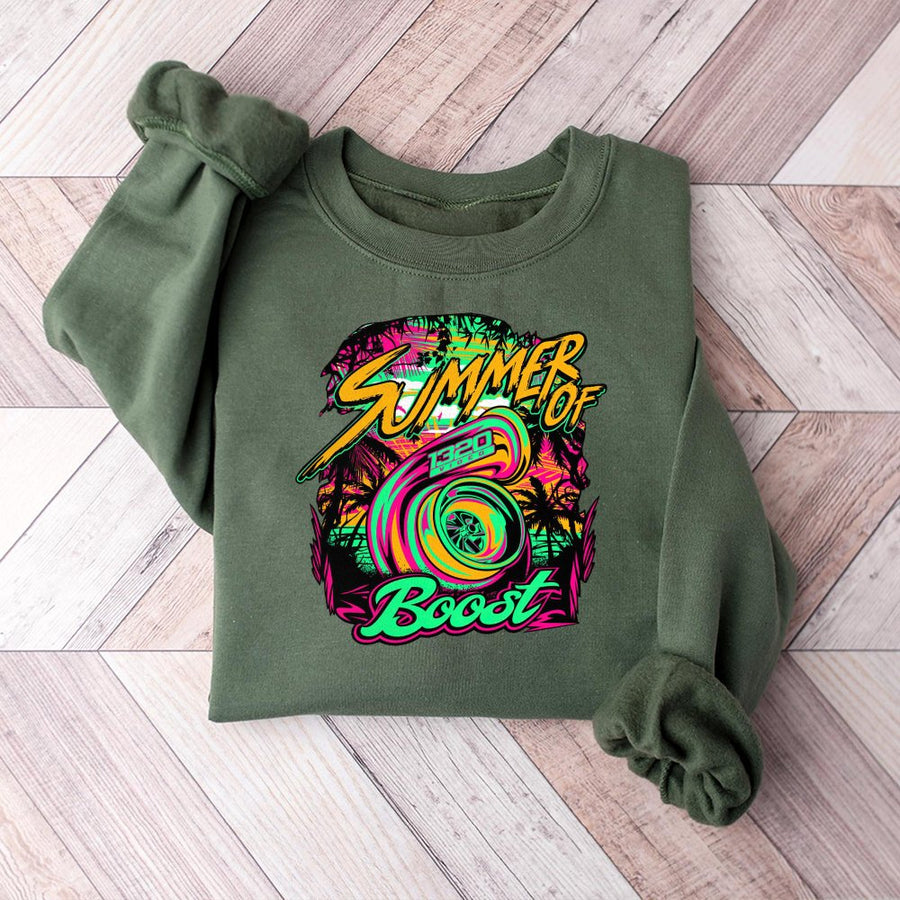 Summer Of Boost Sweatshirt | Neon Turbocharger Car Graphic | Premium Cotton Blend Crewneck | Gift For Car Enthusiast And JDM Racing Fan