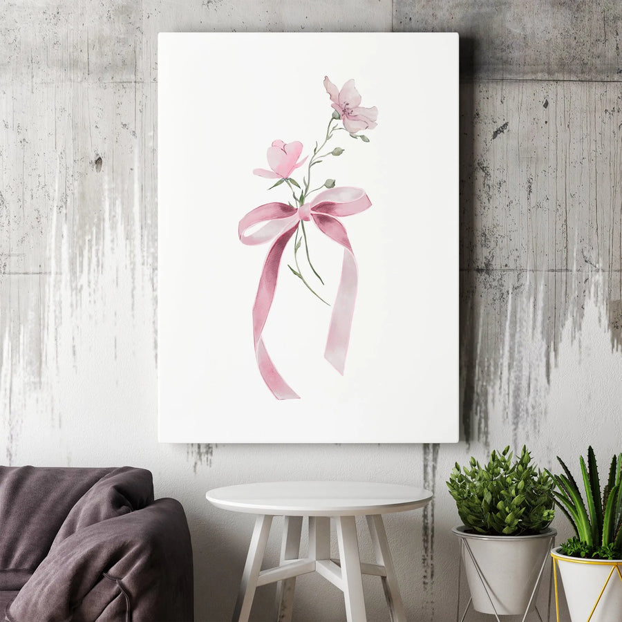 Pink Flower Wall Art | Watercolor Floral Ribbon Print | Premium Gallery Wrapped Canvas | Minimalist Botanical Home Decor Gift