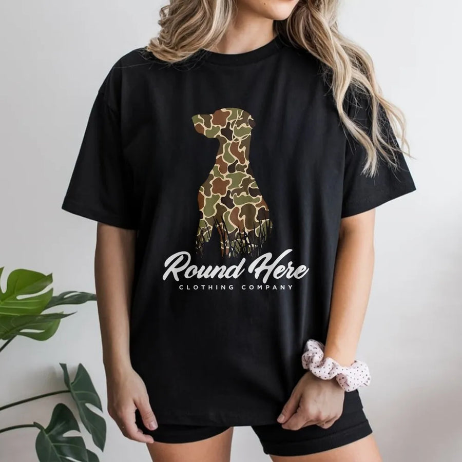 Camo Hunting Dog T-Shirt | Retriever Silhouette Graphic | Premium Cotton | Outdoor Country Lifestyle Gift for Men