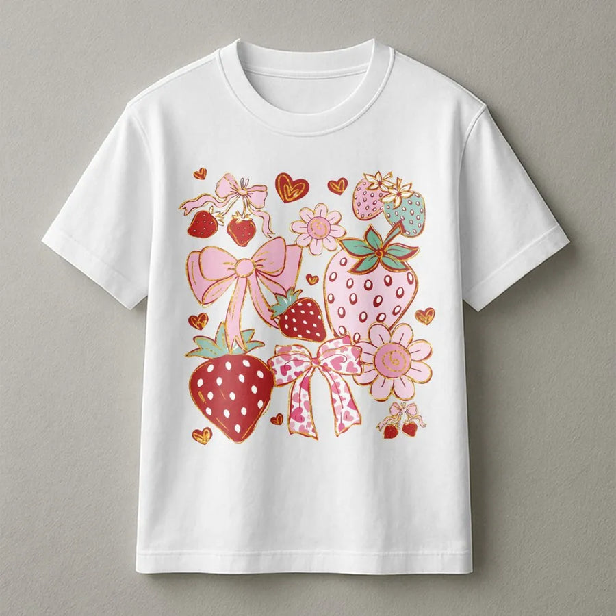 Strawberry Coquette T-Shirt | Pink Bow Floral Cottagecore Graphic | Premium 100% Cotton Tee | Aesthetic Summer Gift For Women And Girls
