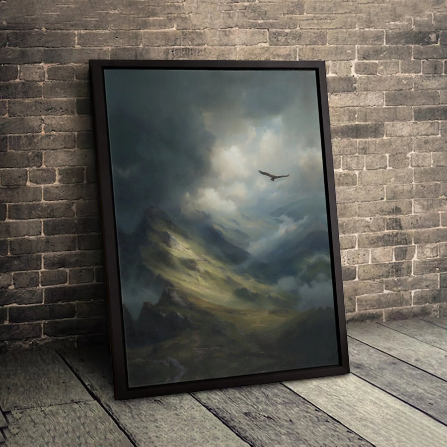 Moody Mountain Landscape Canvas | Soaring Eagle Wall Art | Premium 1.25 Inch Gallery Wrap | Nature-Inspired Living Room Decor
