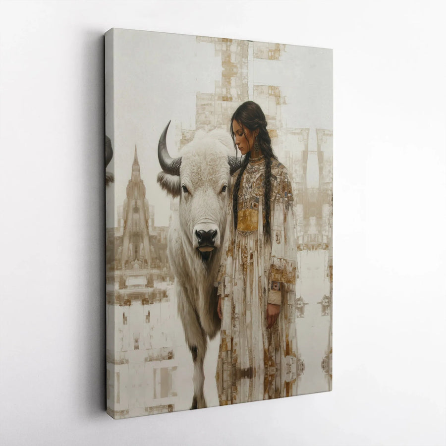 White Buffalo Canvas Wall Art | Spiritual Native Woman and Bison Portrait | Premium Gallery Wrapped Canvas | Southwestern Home Decor Gift
