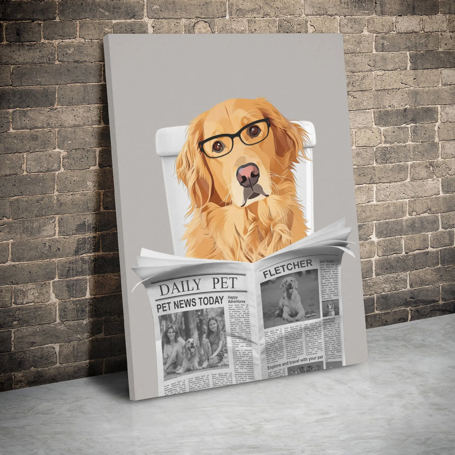 Golden Retriever Reading Newspaper Canvas | Funny Dog on Toilet Wall Art | Premium Gallery Wrap Decor | Unique Pet Lover Bathroom Gift