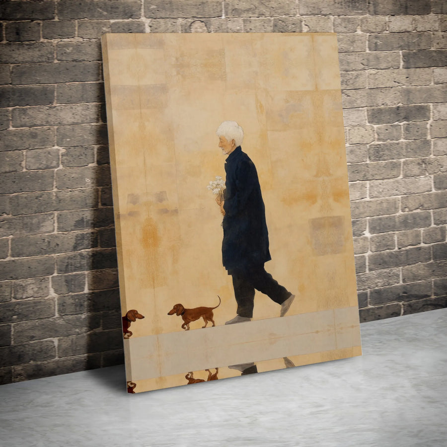 Dachshund Wall Art Canvas Print | Vintage Painting of Elderly Man Walking Sausage Dog | Premium Gallery Wrapped Canvas | Gift for Dog Lover Home Decor