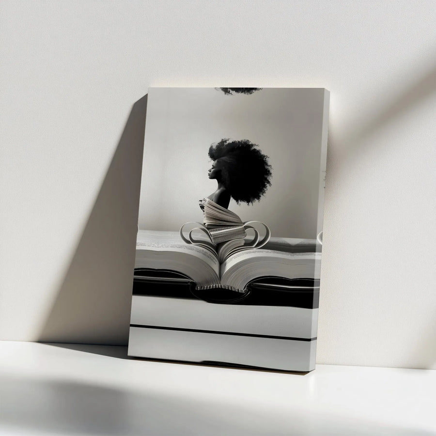 Black Woman Afro Canvas Art | Surreal Book Page Dress Illustration | Premium Gallery Wrap Print | Literary Home Office Decor Gift