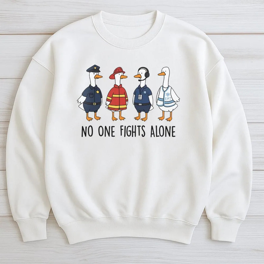 Emergency Responder Duck Sweatshirt | No One Fights Alone Graphic | Premium Cotton Blend | Funny First Responder Gift for Firefighter Police EMT