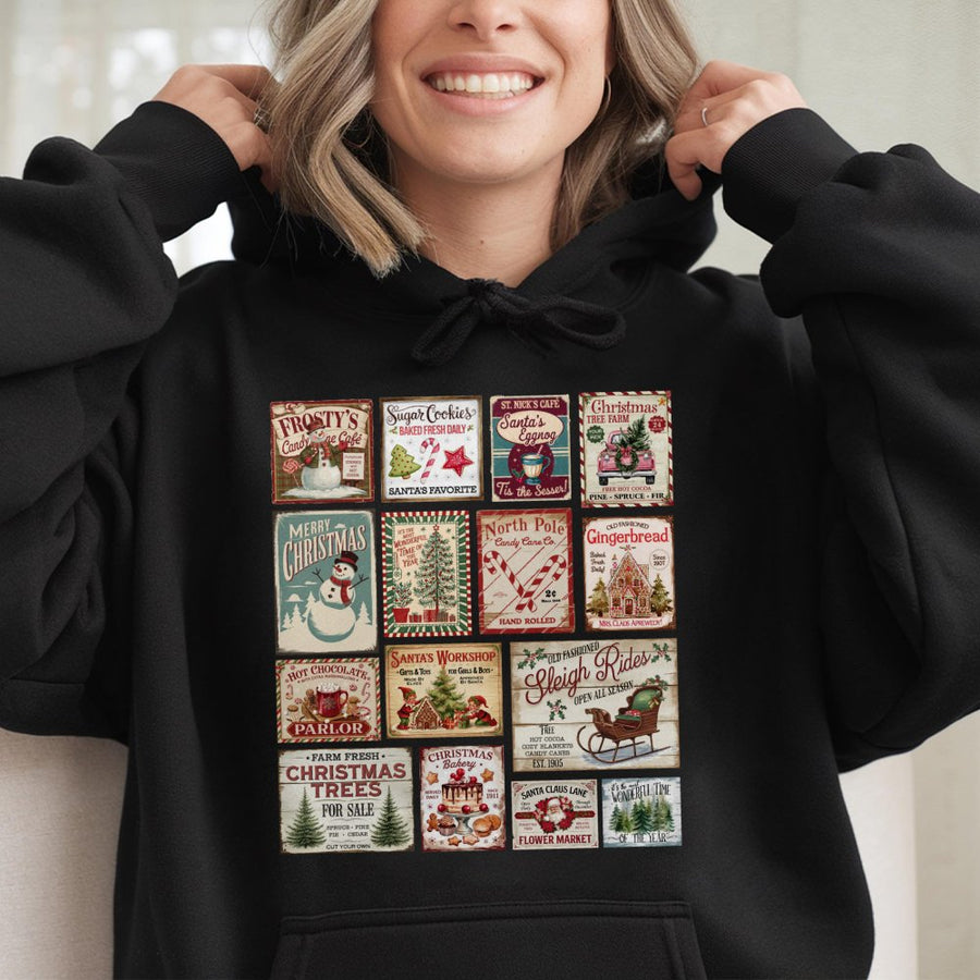 Vintage Christmas Hoodie | Retro Holiday Stamp Collage Graphic | Soft Cotton-Blend Pullover | Festive Gift For Christmas Lovers