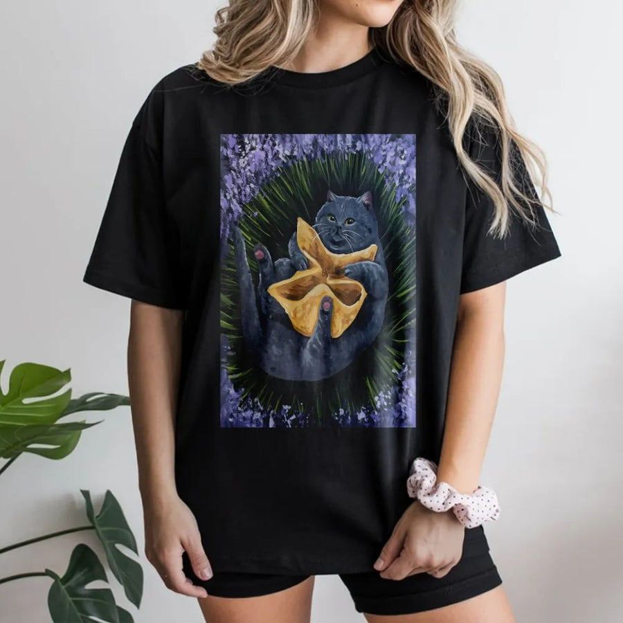 Crab Rangoon Cat T-Shirt | Funny Grey Kitty Eating Appetizer | Premium Cotton Graphic Tee | Unique Foodie Animal Lover Gift