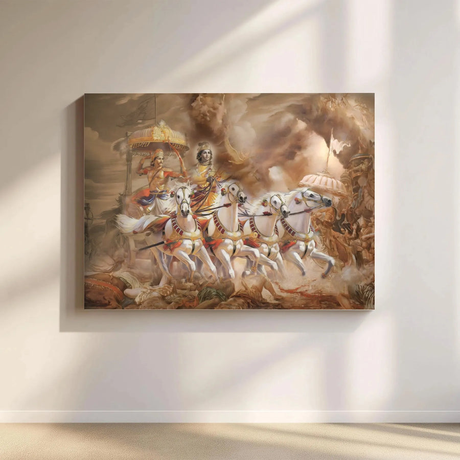 Lord Krishna and Arjuna Chariot Canvas Print | Mahabharata Battle Wall Art | Premium 1.25" Gallery Wrap | Hindu Mythology Home Decor