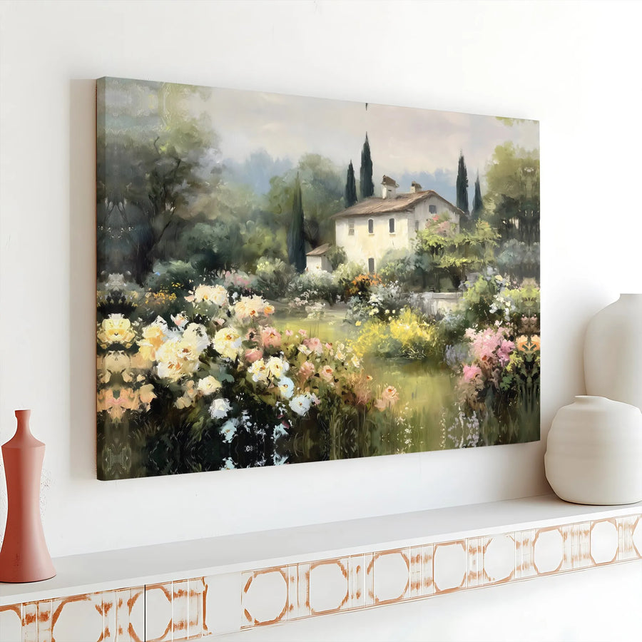 Tuscan Garden Villa Canvas Print | Impressionist Floral Landscape Art | Premium Gallery Wrapped Canvas | French Country Home Decor Gift
