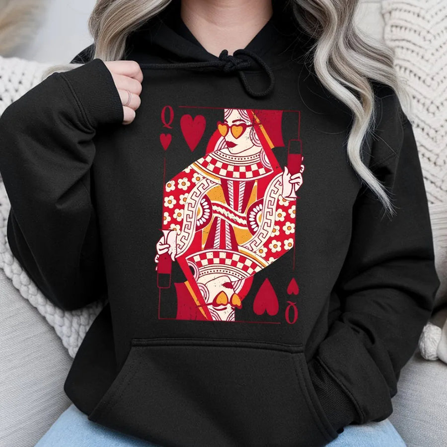 Queen Of Hearts Hoodie | Retro Playing Card Graphic | Premium Cotton Blend | Valentine Gift For Her Women Teens