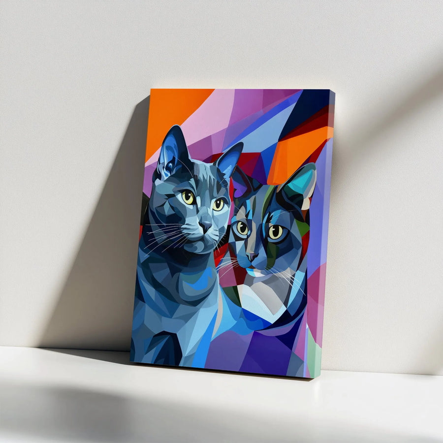 Two Grey Cats Canvas Print | Colorful Geometric Pop Art Portrait | 1.25 Inch Gallery Wrap | Unique Cat Lover Gift Wall Decor