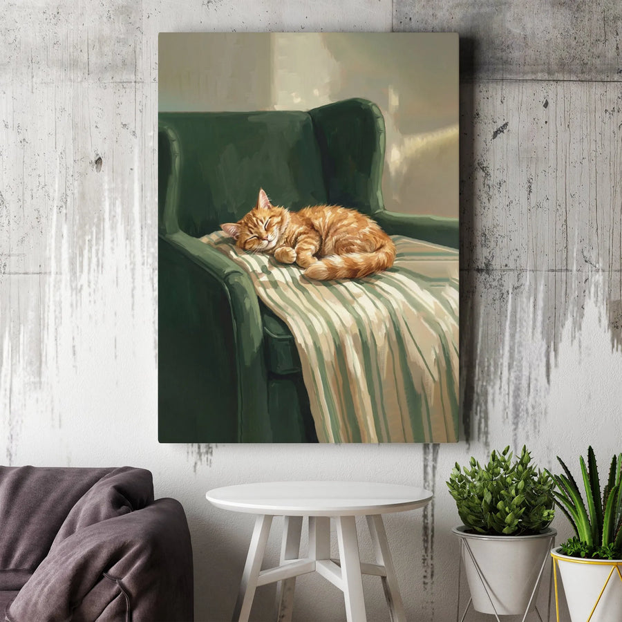 Sleeping Orange Tabby Cat Canvas | Cozy Green Armchair Painting | Premium Fade-Resistant Wall Art | Cute Animal Home Decor Gift