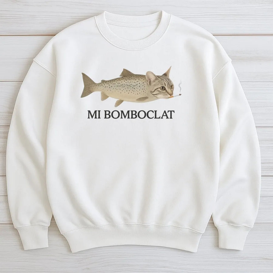 Mi Bomboclat Sweatshirt | Funny Smoking Cat Fish Meme Graphic | Soft Cotton-Poly Blend | Unisex Jamaican Patois Streetwear Gift