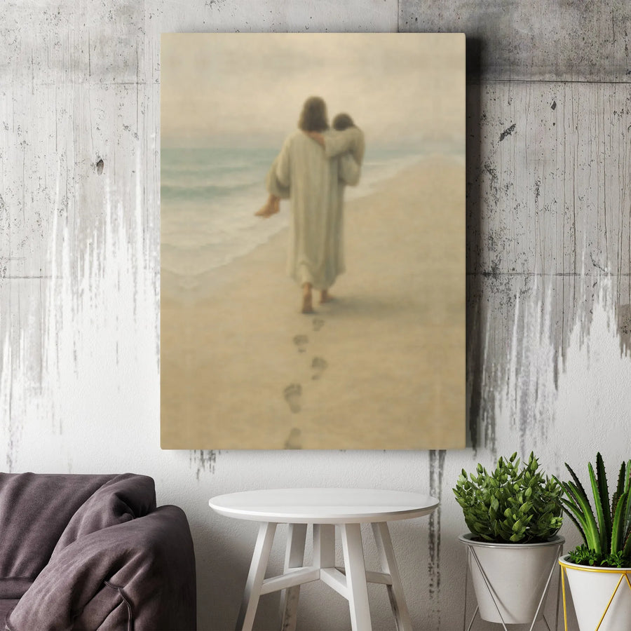 Footprints in the Sand Canvas | Jesus Carrying Child Beach Art | Premium Gallery Wrap Wall Decor | Christian Religious Gift for Home Office